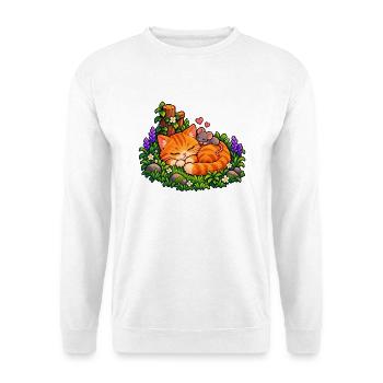 Kuschelnder Gartenkater mit Maus - Unisex Pullover - Weiß - Vorne - Alina (178cm) & Michal (187cm)