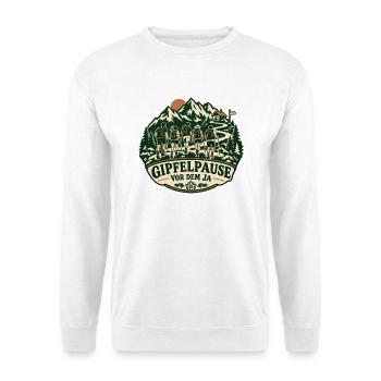 Gipfelpause vor dem Ja – JGA Wandern - Unisex Pullover - Weiß - Vorne - Alina (178cm) & Michal (187cm)