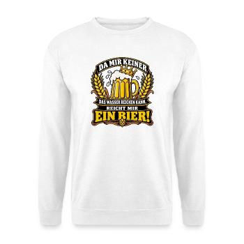 Reicht mir ein Bier! – Bierkrug mit Krone - Unisex Pullover - Weiß - Vorne - Alina (178cm) & Michal (187cm)