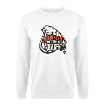 Mein Wochenende hat einen Haken – Lustiges Retro-A - Unisex Pullover - Weiß - Vorne - Alina (178cm) & Michal (187cm)