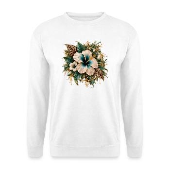 Goldene Hibiskus-Blüten mit Leoparden-Print - Unisex Pullover - Weiß - Vorne - Alina (178cm) & Michal (187cm)