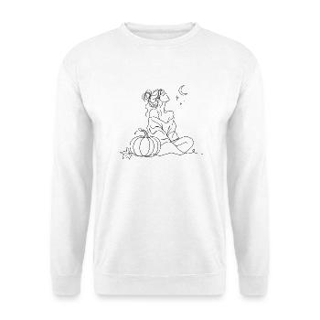 Frau Silhouette Illustration Einstrichzeichnung - Unisex Pullover - Weiß - Vorne - Alina (178cm) & Michal (187cm)