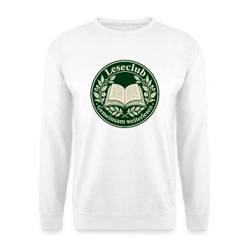 Leseclub-Siegel: Gemeinsam weiterlesen - Unisex Pullover - Weiß - Vorne - Alina (178cm) & Michal (187cm)