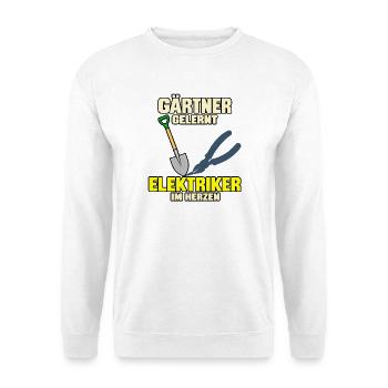 Gärtner gelernt – Elektriker im Herzen - Unisex Pullover - Weiß - Vorne - Alina (178cm) & Michal (187cm)