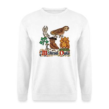Verzierte mittelalterliche Eulen - Unisex Pullover - Weiß - Vorne - Alina (178cm) & Michal (187cm)