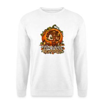 Kürbis-Bibliothek: Hier wohnen Geschichten - Unisex Pullover - Weiß - Vorne - Alina (178cm) & Michal (187cm)