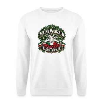Meine Wurzeln tragen Trikolore - Unisex Pullover - Weiß - Vorne - Alina (178cm) & Michal (187cm)