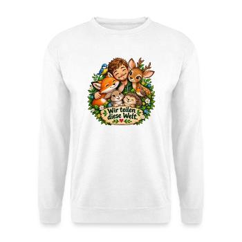 Wir teilen diese Welt - Unisex Pullover - Weiß - Vorne - Alina (178cm) & Michal (187cm)