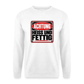 Achtung heiß und fettig – Lustiges Warnschild - Unisex Pullover - Weiß - Vorne - Alina (178cm) & Michal (187cm)