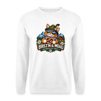 Bayerische Katze Brezn & Miau – Volksfest Shirt - Unisex Pullover - Weiß - Vorne - Alina (178cm) & Michal (187cm)