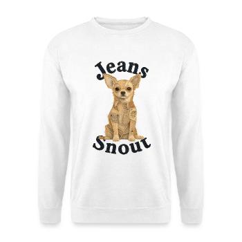 Beiger Kurzhaar-Chihuahua im Jeans-Flicken-Stil - Unisex Pullover - Weiß - Vorne - Alina (178cm) & Michal (187cm)