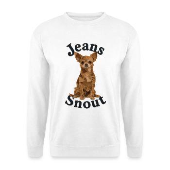 Brauner Kurzhaar-Chihuahua im Jeansflicken-Stil - Unisex Pullover - Weiß - Vorne - Alina (178cm) & Michal (187cm)