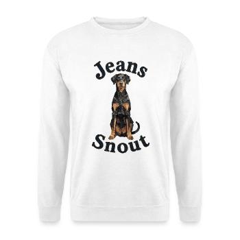 Schwarzer Dobermann im Jeansflicken-Stil - Unisex Pullover - Weiß - Vorne - Alina (178cm) & Michal (187cm)