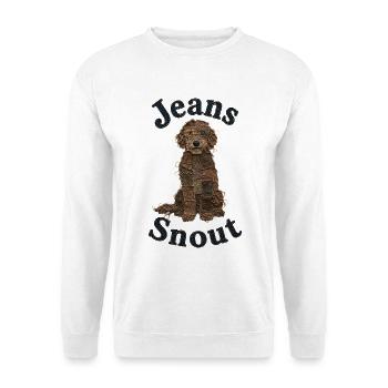 Brauner Doodle im Jeansflicken-Stil - Unisex Pullover - Weiß - Vorne - Alina (178cm) & Michal (187cm)