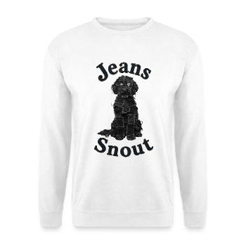 Schwarzer Doodle im Jeansflicken-Stil - Unisex Pullover - Weiß - Vorne - Alina (178cm) & Michal (187cm)