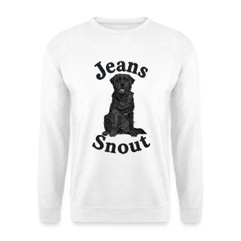 Schwarzer Labrador Retriever im Jeansflicken-Stil - Unisex Pullover - Weiß - Vorne - Alina (178cm) & Michal (187cm)