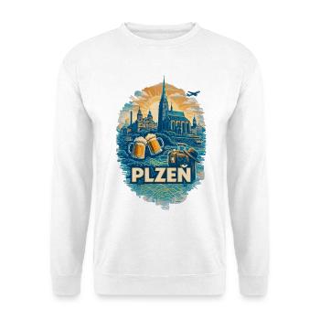 Plzeň Skyline – Pilsen Silhouette Reise Motiv - Unisex Pullover - Weiß - Vorne - Alina (178cm) & Michal (187cm)