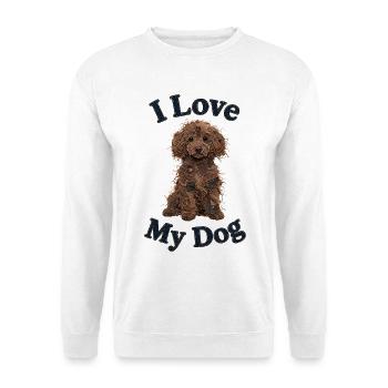 Brauner Toypudel im Jeansflicken-Stil - Unisex Pullover - Weiß - Vorne - Alina (178cm) & Michal (187cm)
