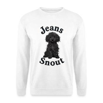 Schwarzer Toypudel im Jeansflicken-Stil - Unisex Pullover - Weiß - Vorne - Alina (178cm) & Michal (187cm)