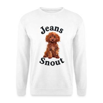 Orangener Toypudel im Jeansflicken-Stil - Unisex Pullover - Weiß - Vorne - Alina (178cm) & Michal (187cm)