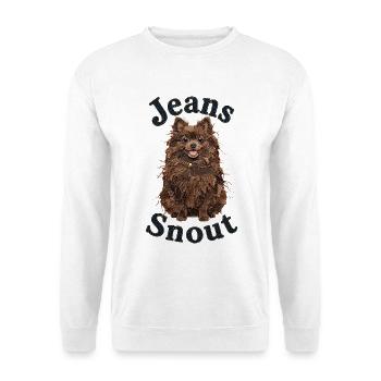 Brauner Spitz im Jeansflicken-Stil - Unisex Pullover - Weiß - Vorne - Alina (178cm) & Michal (187cm)