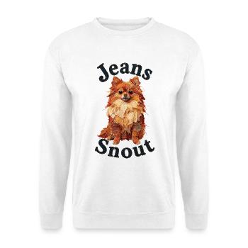 Orangener Spitz im Jeansflicken-Stil - Unisex Pullover - Weiß - Vorne - Alina (178cm) & Michal (187cm)