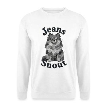 Grauer Spitz im Jeansflicken-Stil - Unisex Pullover - Weiß - Vorne - Alina (178cm) & Michal (187cm)