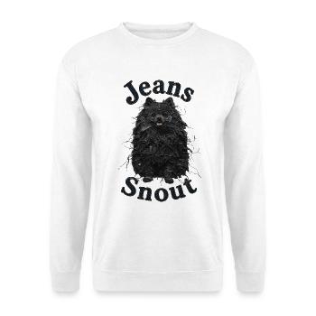 Schwarzer Spitz im Jeansflicken-Stil - Unisex Pullover - Weiß - Vorne - Alina (178cm) & Michal (187cm)