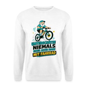 Unterschätze NIEMALS alten Mann mit Fahrrad - Unisex Pullover - Weiß - Vorne - Alina (178cm) & Michal (187cm)