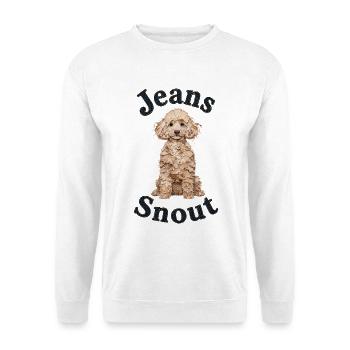 Blonder Pudel im Jeansflicken-Stil - Unisex Pullover - Weiß - Vorne - Alina (178cm) & Michal (187cm)