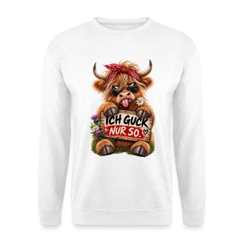 Ich guck nur so – Freche Kuh - Unisex Pullover - Weiß - Vorne - Alina (178cm) & Michal (187cm)