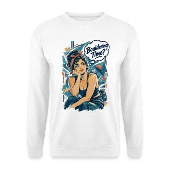 Retro Pin-Up Bouldering Time Klettern Design - Unisex Pullover - Weiß - Vorne - Alina (178cm) & Michal (187cm)