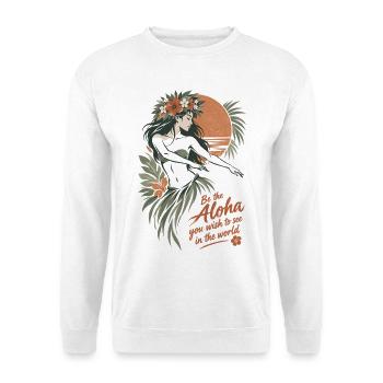 Elegante Hula Tänzerin mit Boho Blumenkrone - Unisex Pullover - Weiß - Vorne - Alina (178cm) & Michal (187cm)