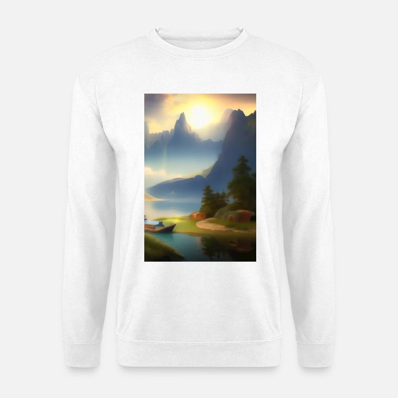 Landschaft mit See, Boot und Berge - Unisex Pullover - Weiß