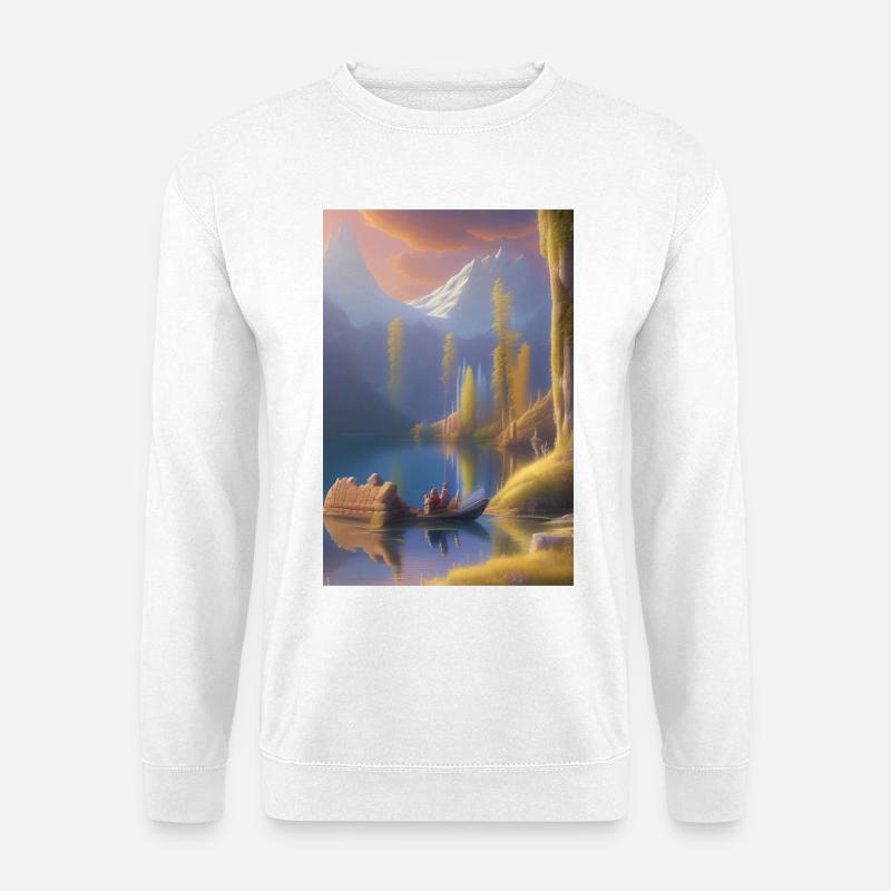 Landschaft mit See, Boot und Berge - Unisex Pullover - Weiß