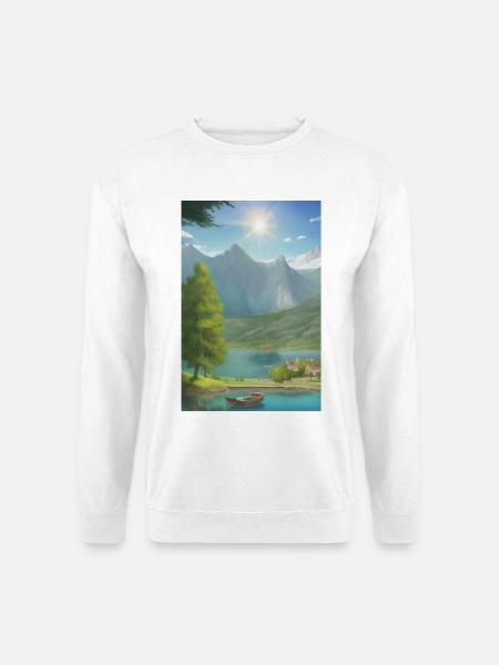 Landschaft mit See, Boot und Berge - Unisex Pullover - Weiß