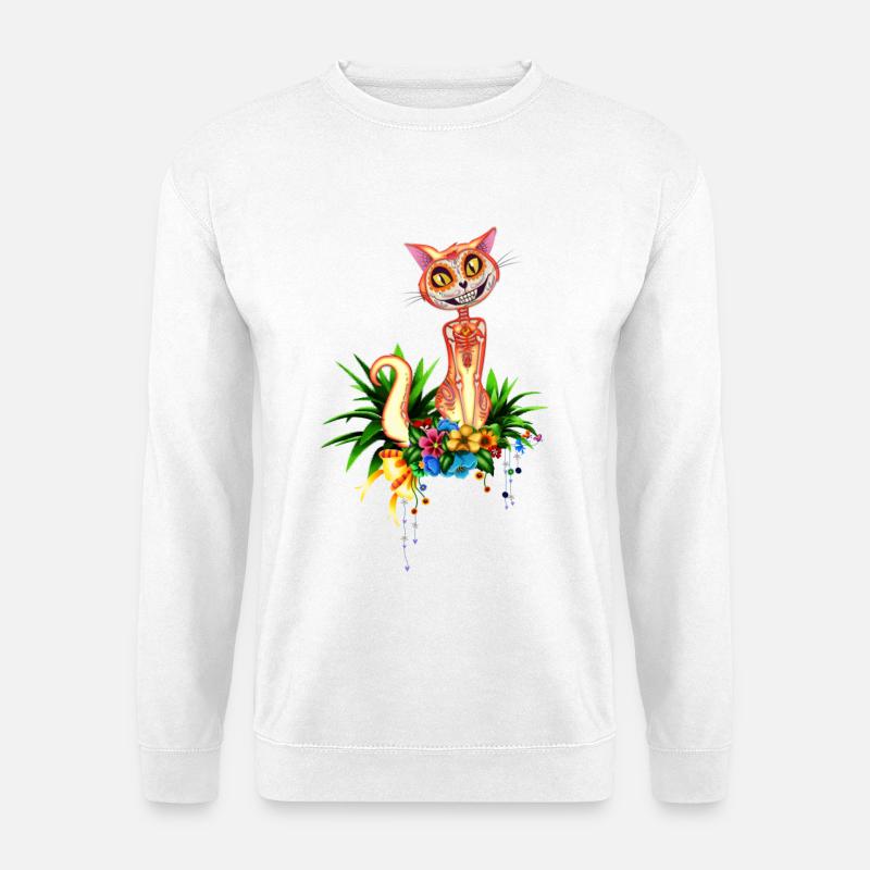 Niedliche Zuckerschädelkatze mit Blumen - Unisex Pullover - Weiß