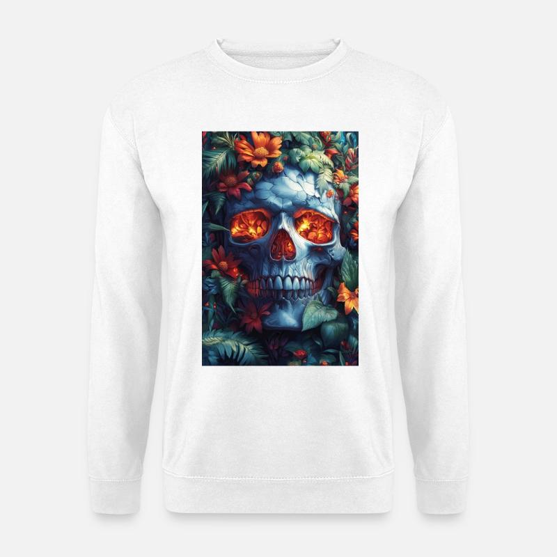 Flammender Schädel im Blütenreich - Unisex Pullover - Weiß
