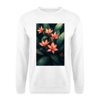Orangene Tropenblüten im Dunkelgrünen Blattwerk - Unisex Pullover - Weiß - Vorne