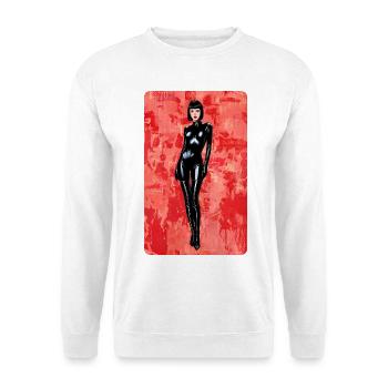 T-SHIRT LATEX NOIR BDSM PIN-UP STYLE DESIGN - Unisex Pullover - Weiß - Vorne - Alina (178cm) & Michal (187cm)