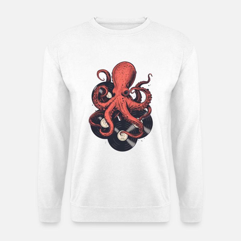 Oktopus mit Vinylplatten – Retro Musikdesign - Unisex Pullover - Weiß