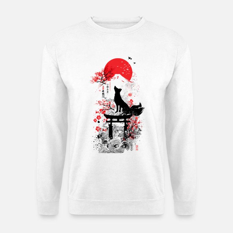 Red Sun Torii Fox – Kitsune Sakura Japan - Unisex Pullover - Weiß