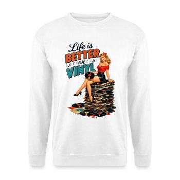 Life is better on vinyl - Retro Pin-Up Girl - Unisex Pullover - Weiß - Vorne - Alina (178cm) & Michal (187cm)