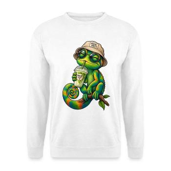 Süßes Chamäleon mit Matcha Latte - Unisex Pullover - Weiß - Vorne - Alina (178cm) & Michal (187cm)