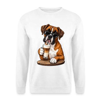 Boxer mit Latte Macchiato - Unisex Pullover - Weiß - Vorne - Alina (178cm) & Michal (187cm)