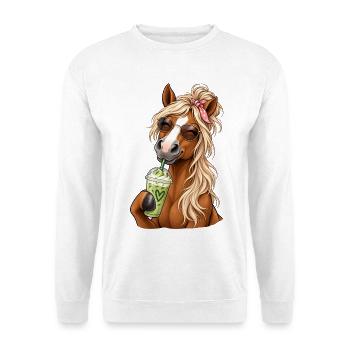 Süßes Pferd mit Matcha Latte - Unisex Pullover - Weiß - Vorne - Alina (178cm) & Michal (187cm)