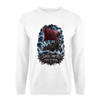 Sail Into the Storm – Wikinger Langschiff - Unisex Pullover - Weiß - Vorne - Alina (178cm) & Michal (187cm)