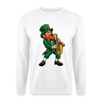 Leprechaun mit Saxophon - Unisex Pullover - Weiß - Vorne - Alina (178cm) & Michal (187cm)