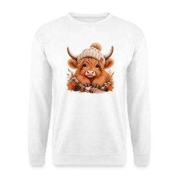 Highland Cow mit Mütze – Cozy Herbst Kuh - Unisex Pullover - Weiß - Vorne - Alina (178cm) & Michal (187cm)
