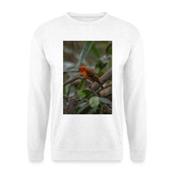 Ein leuchtend orangefarbener tropischer Vogel, der auf einem Baumkleie sitzt - Unisex Pullover - Weiß - Vorne - Alina (178cm) & Michal (187cm)